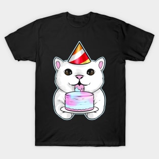 White Cat With Party Hat Licks A Birthday Cake On Purrsday T-Shirt